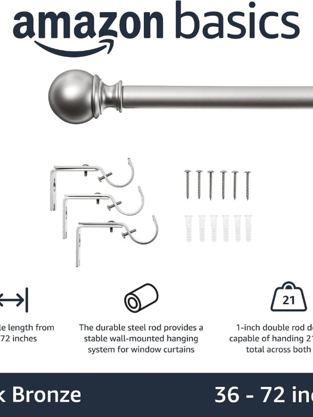 Amazon Basics Curtain Rod Round Finials 1-Inch Rod 36" to 72" Nickel 1-Pack